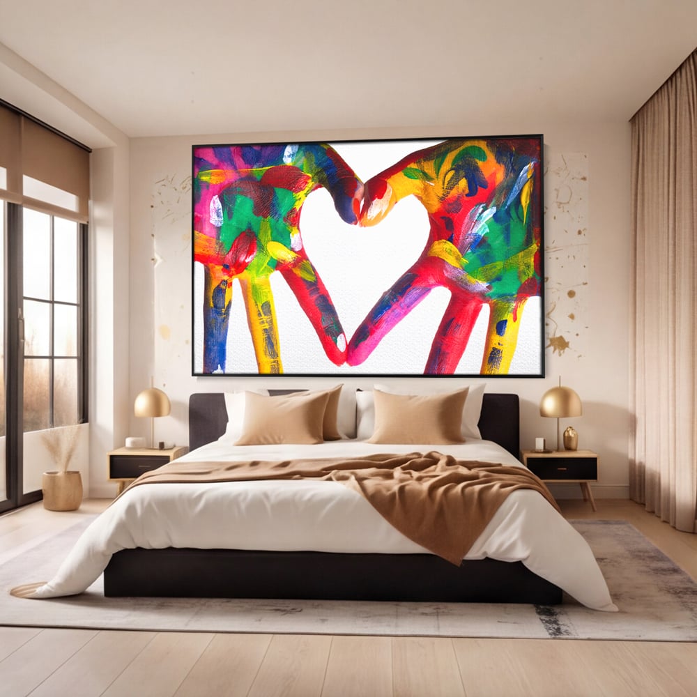 Tablou canvas cu pictura cu maini colorate formand o inima, in rama de aluminiu negru, pe perete intr-un dormitor